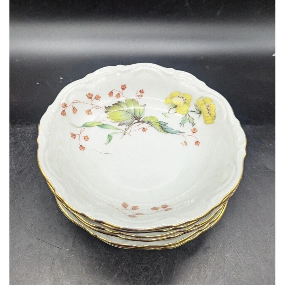 Vintage Mitterteich Bavaria Yellow Rose Berry Sauce Bowl Set/6 Floral 5.25